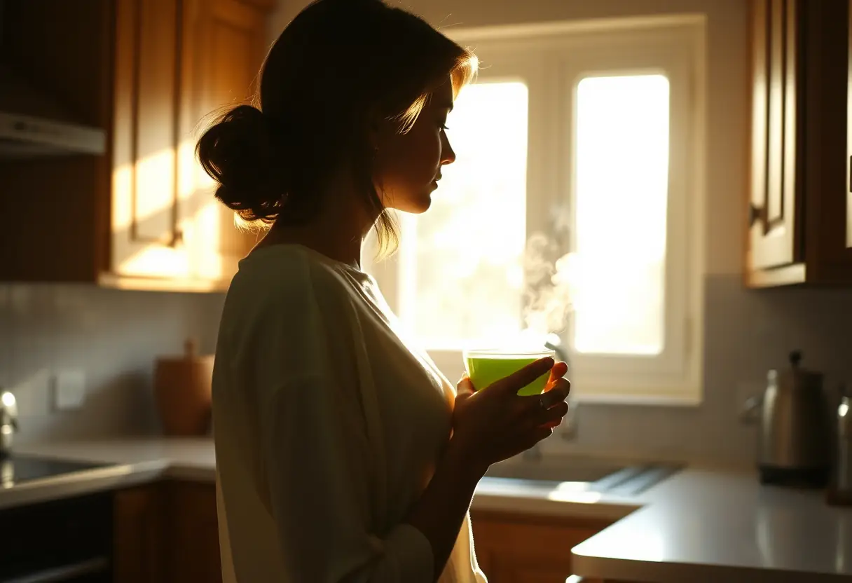 Un profil d'une femme tenant une tasse de thé vert fumant dans une cuisine ensoleillée