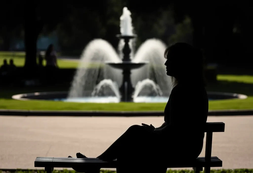 Une silhouette de femme assise sur un banc dans un parc, regardant une fontaine, incarnant la résilience et l'auto-acceptation.