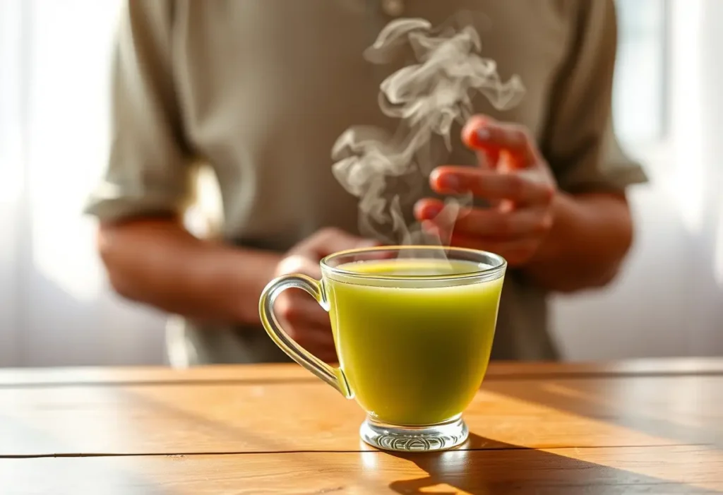 Tasse de thé vert fumant sur une table en bois