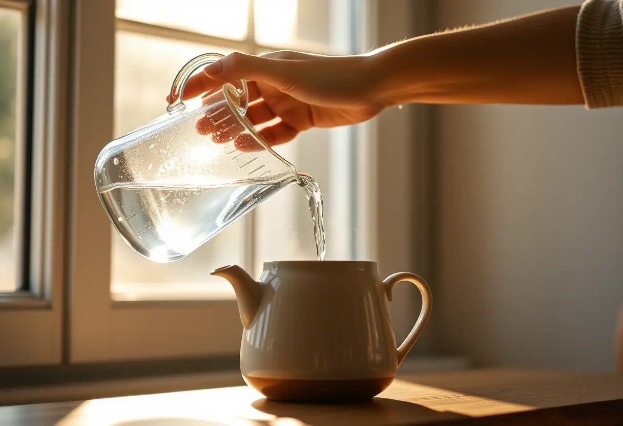 Main versant de l’eau chaude dans une théière en céramique