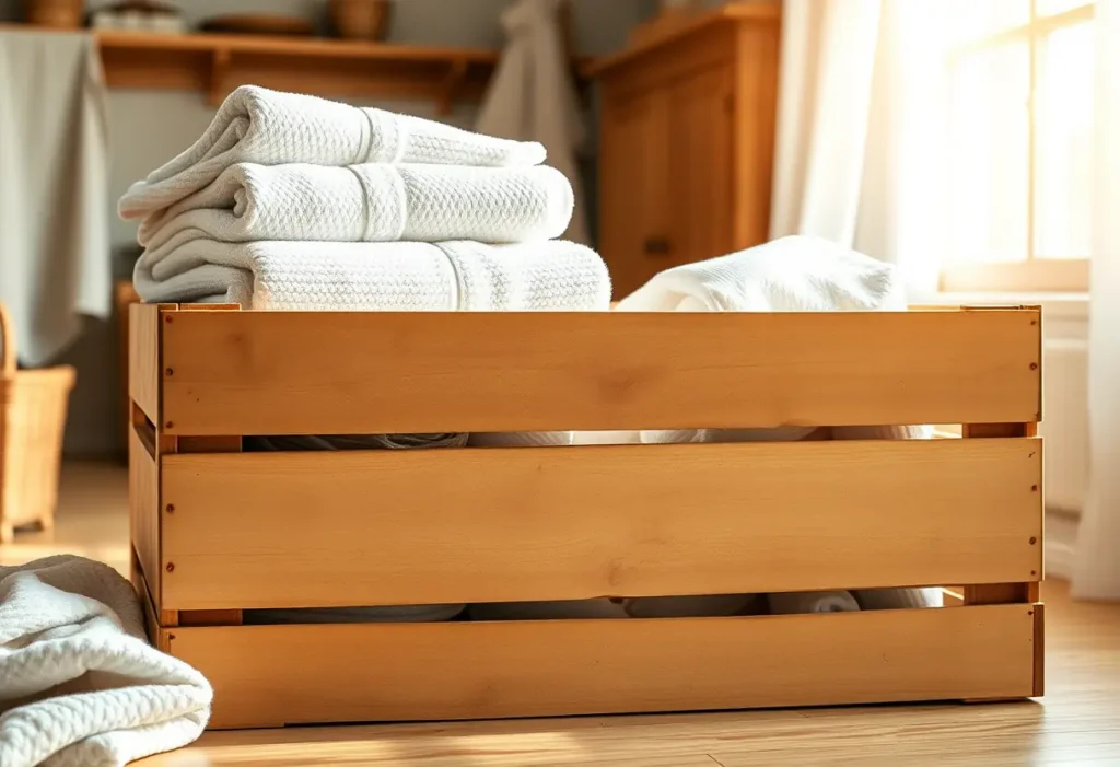Un grand coffre en bois plein de couvertures douces dans une maison accueillante, éclairé par la lumière naturelle