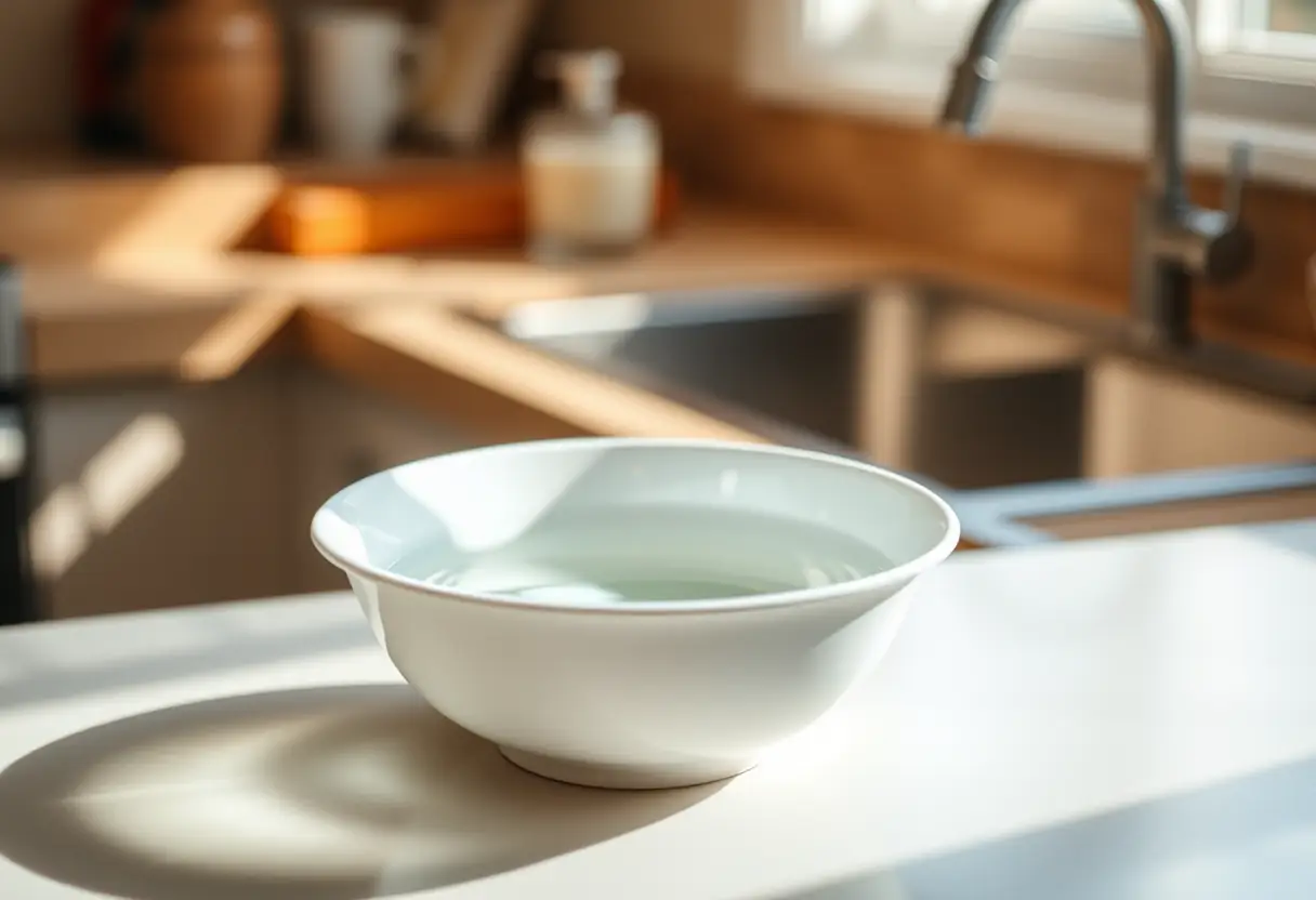 Un bol en porcelaine rempli d'eau fraîche sur un comptoir de cuisine, éclairé par une lumière chaude et accueillante, symbole de soins et d'hydratation
