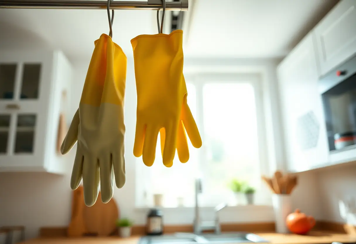 Un paire de gants en caoutchouc accrochée à un crochet dans une cuisine bien éclairée, pour l'hygiène du chien