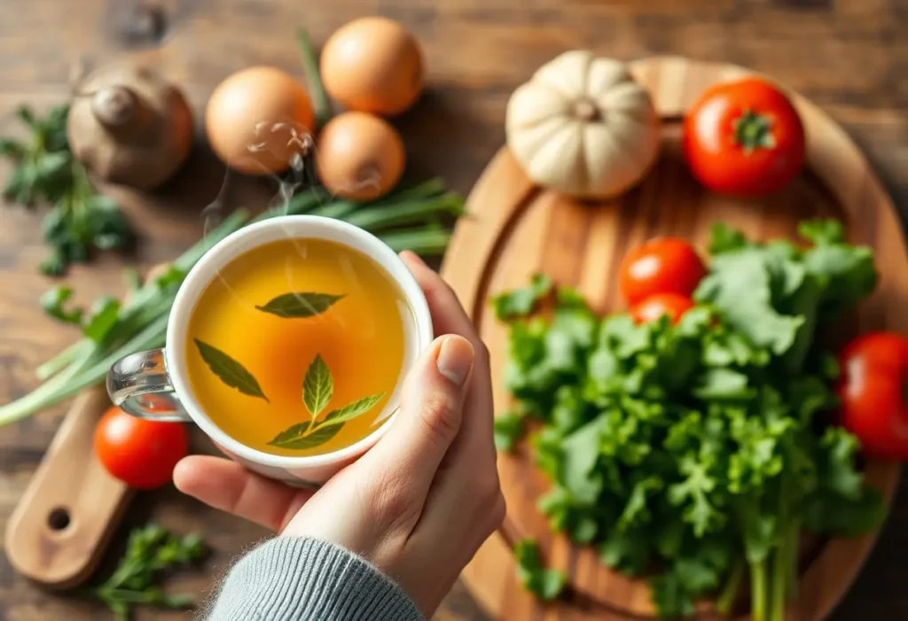 Une main tenant une tasse de thé aux herbes, accompagnée de légumes frais, illustrant les remèdes naturels et une alimentation saine