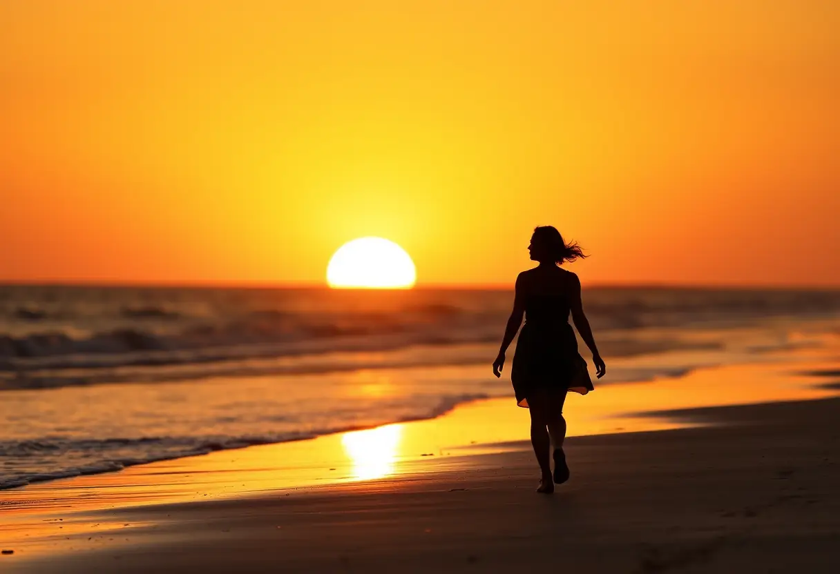 Un profil d'une femme marchant seule sur une plage au coucher du soleil, représentant le chemin vers la guérison et l'acceptation de soi