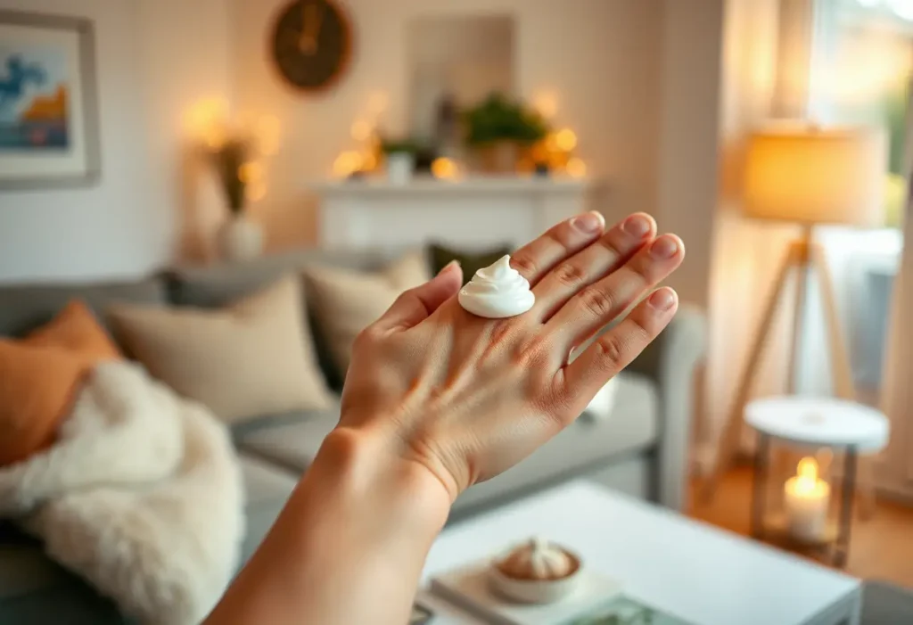 Une main applique une crème hydratante sur une peau sèche, intérieur chaleureux