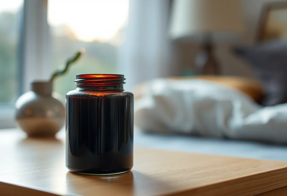 Une bouteille de crème de nuit sur une table de chevet, lumière du soir