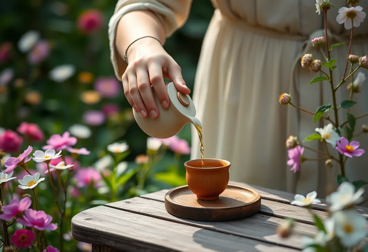 Des mains féminines tenant une petite théière en céramique qui verse du thé dans une tasse en grès posée sur une table en bois entourée de fleurs en fleurissement