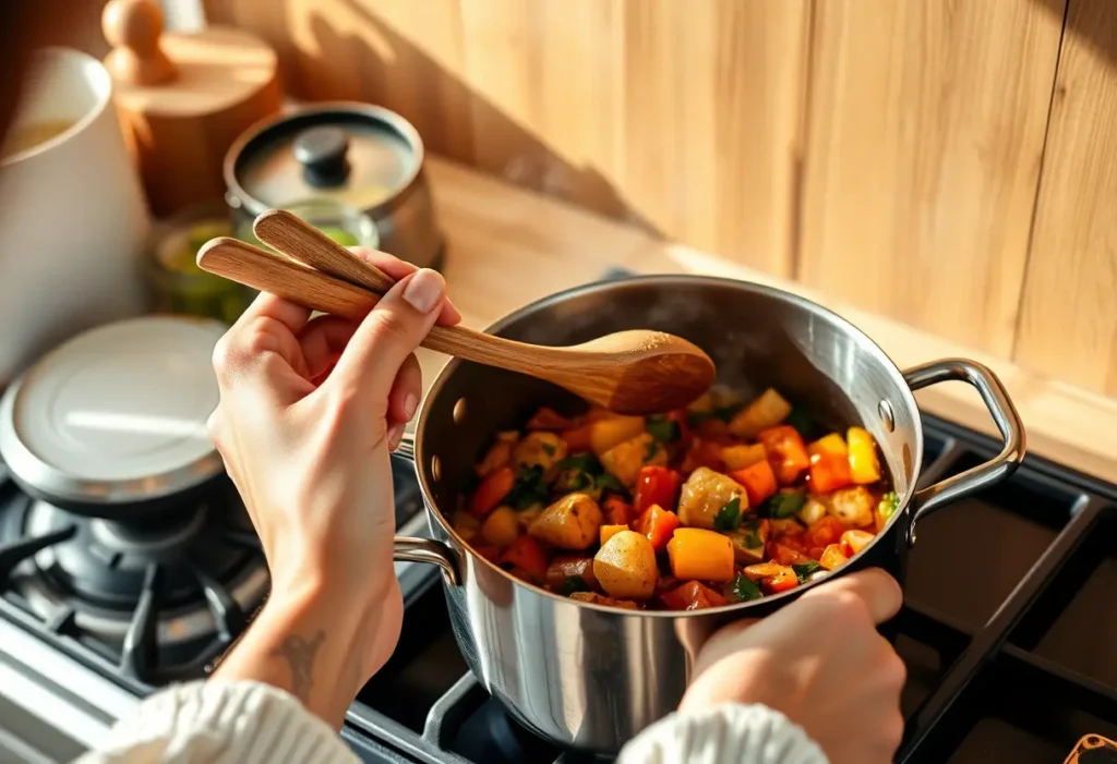 Une main féminine tient une cuillère en bois dans une cuisine, préparant une nourriture anti-inflammatoire.