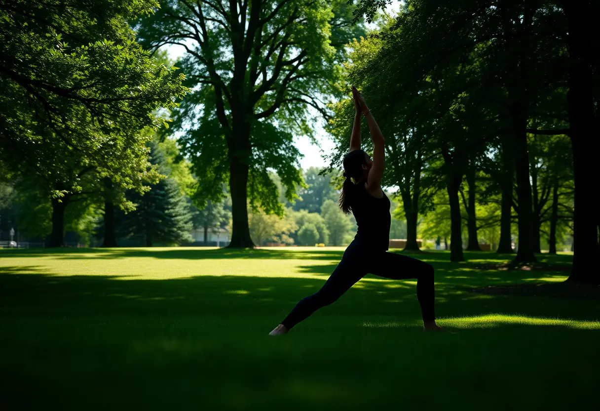 Un profil de femme en silhouette pratique le yoga sur une pelouse verdoyante, entourée d'arbres, soulignant l'importance de l'activité physique.