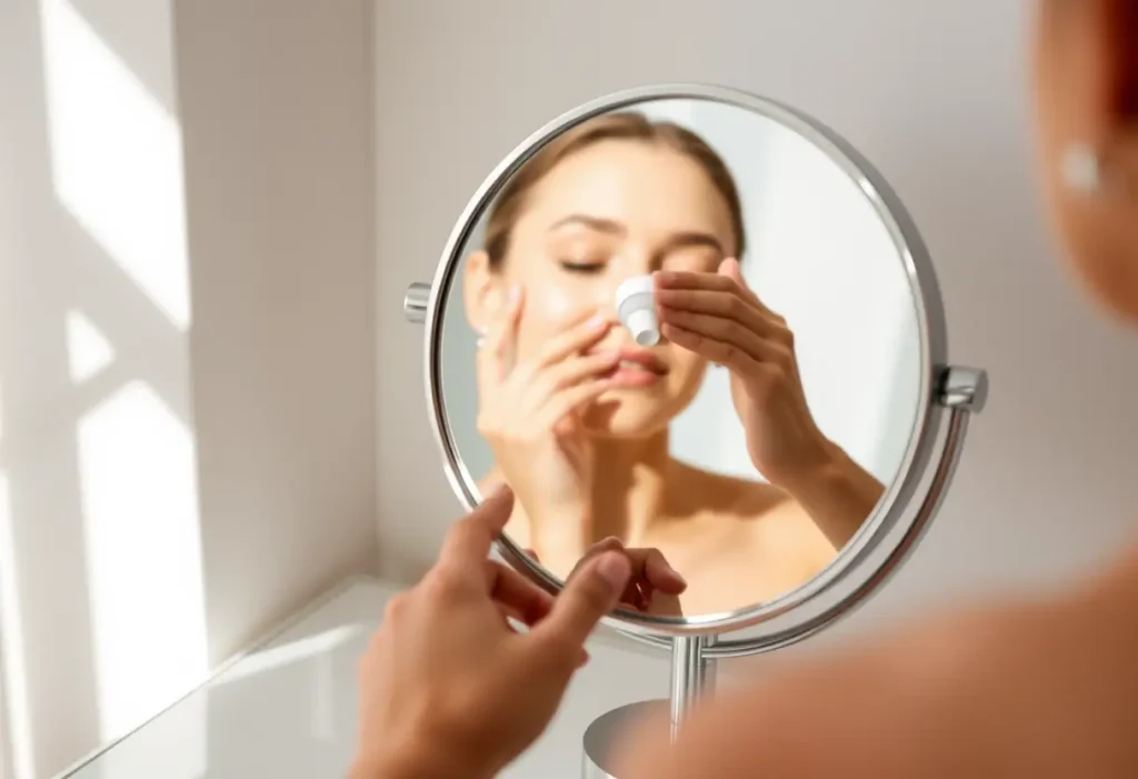 Une main applique délicatement une crème hydratante, reflétée dans un miroir rond sur une coiffeuse, pour le bien-être de la peau.