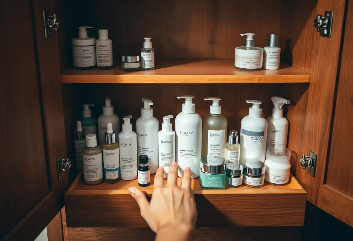 Un meuble de rangement avec des bouteilles et des pots de soins de peau bien alignés, une main atteignant le tiroir pour le soin de la peau.