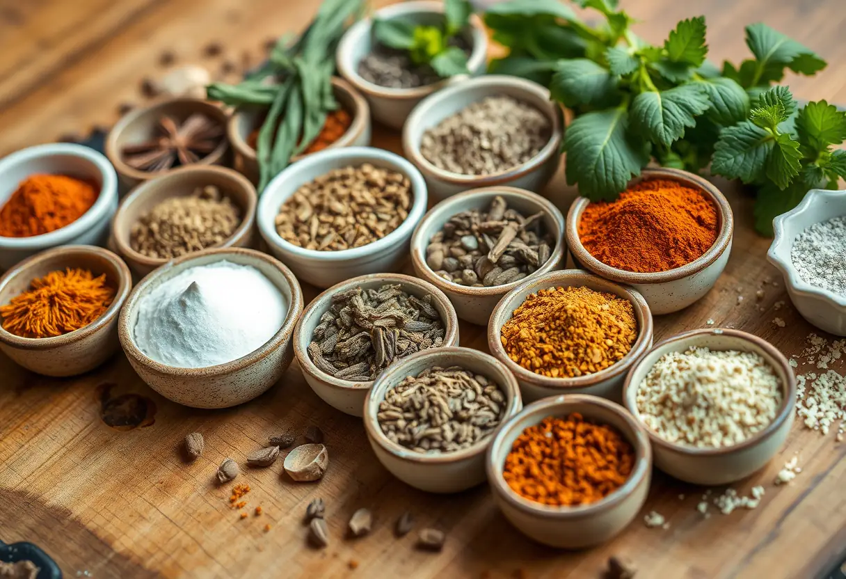 Table en bois avec épices et herbes en pot, ajustement alimentaire, bien-être féminin