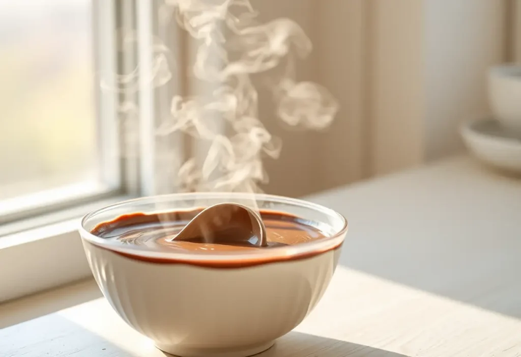 Cuillère en bois remuant des yaourts de soja au chocololat, lumière douce du matin