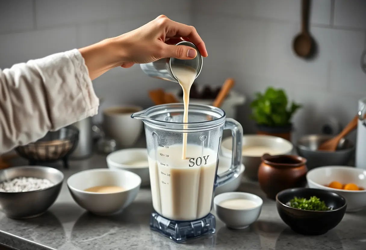 Main verseant du lait de soja dans un mixeur, préparation du yaourt de soja chocolat