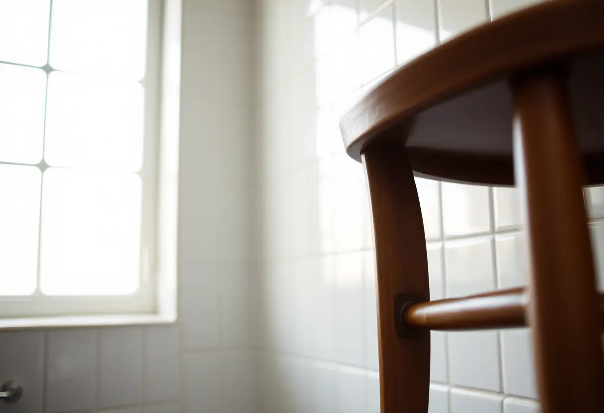Une jambe de chaise en bois repose contre un mur carrelé de salle de bains éclairé par la douce lumière d’une fenêtre voisine