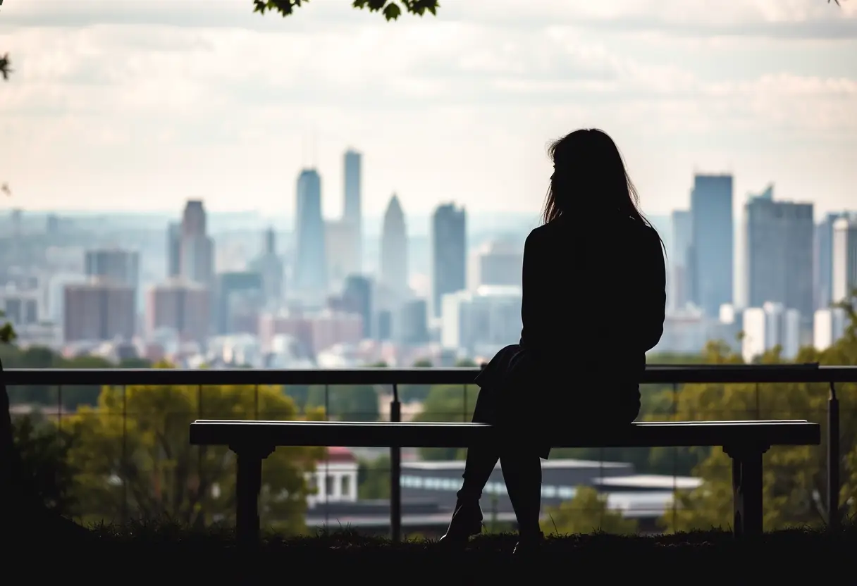 Un profil d'une femme assise sur un banc de parc, contemplant la ville, évoquant la force dans la solitude urbaine