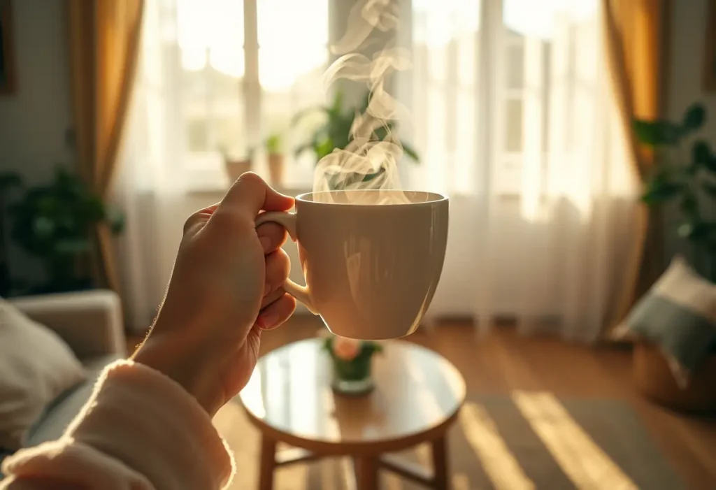 Une main tenant une tasse de thé chaud dans un salon accueillant