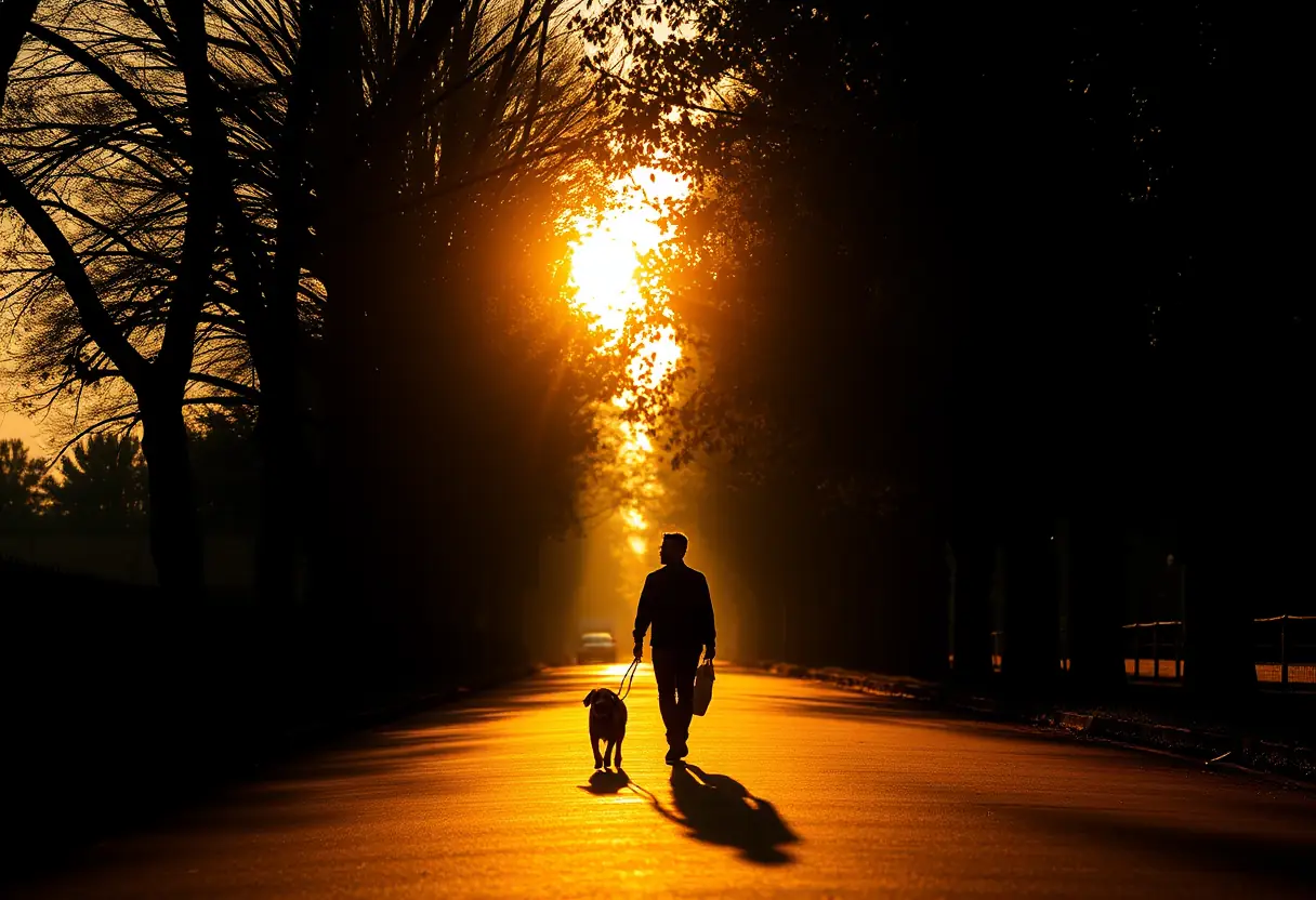 Un profil d'une personne promenant son chien au crépuscule, les arbres jettant de longues ombres
