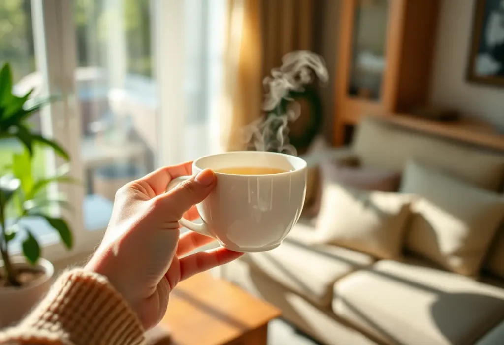 Une main tenant une tasse de thé chaud dans un salon accueillant, favorisant la sérénité