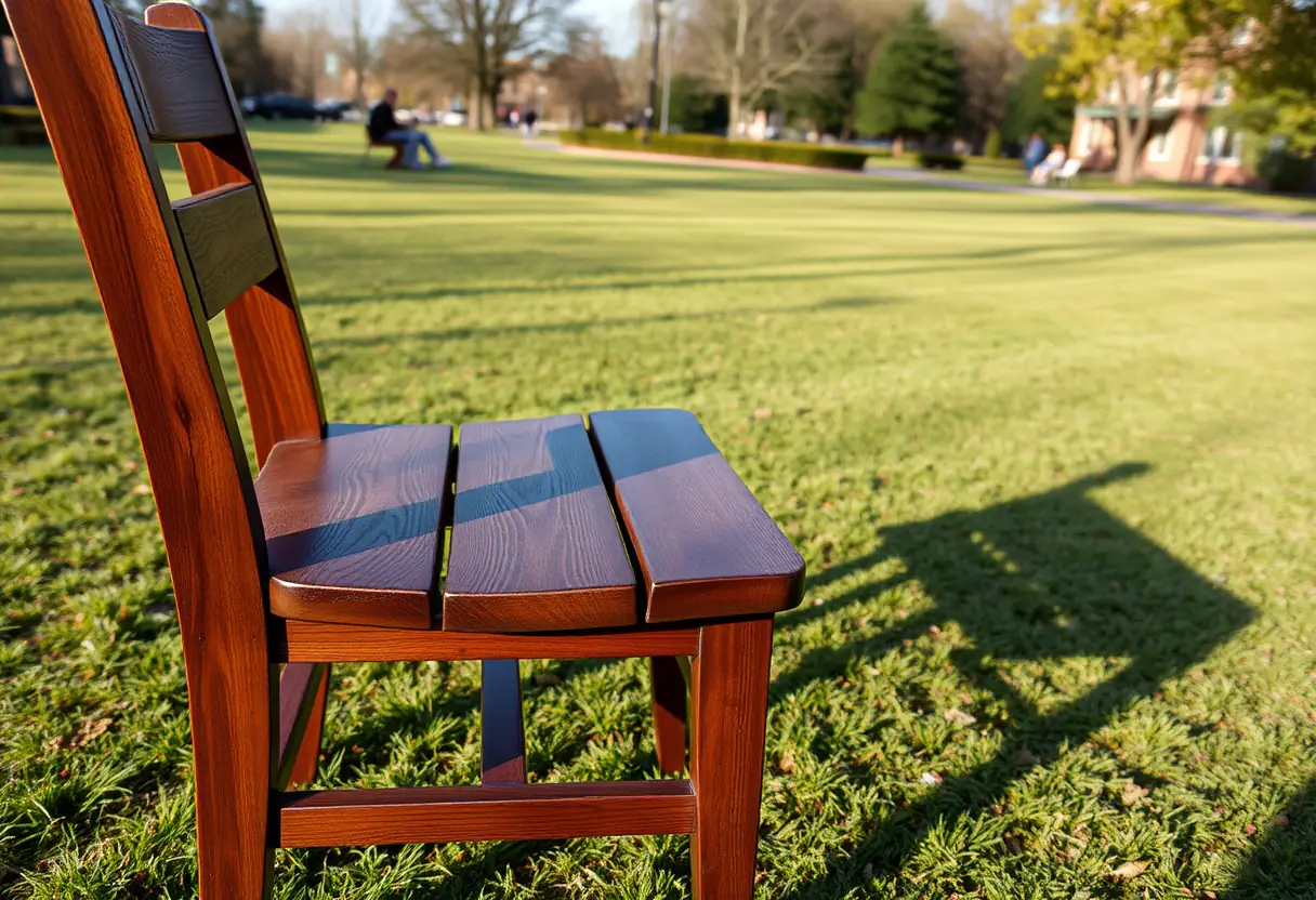 Un fauteuil en bois dans un parc public, usé par le temps, sous la lumière du crépuscule