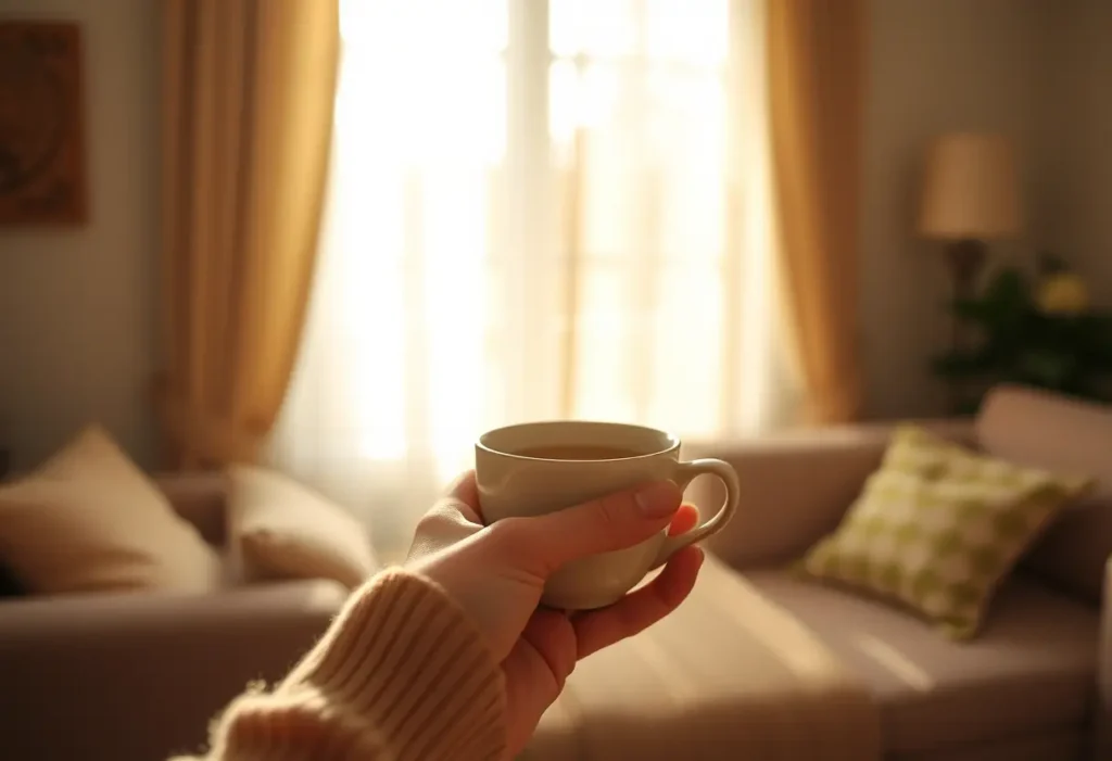 Une main féminine tenant une tasse de thé chaud dans un salon accueillant, lumière naturelle