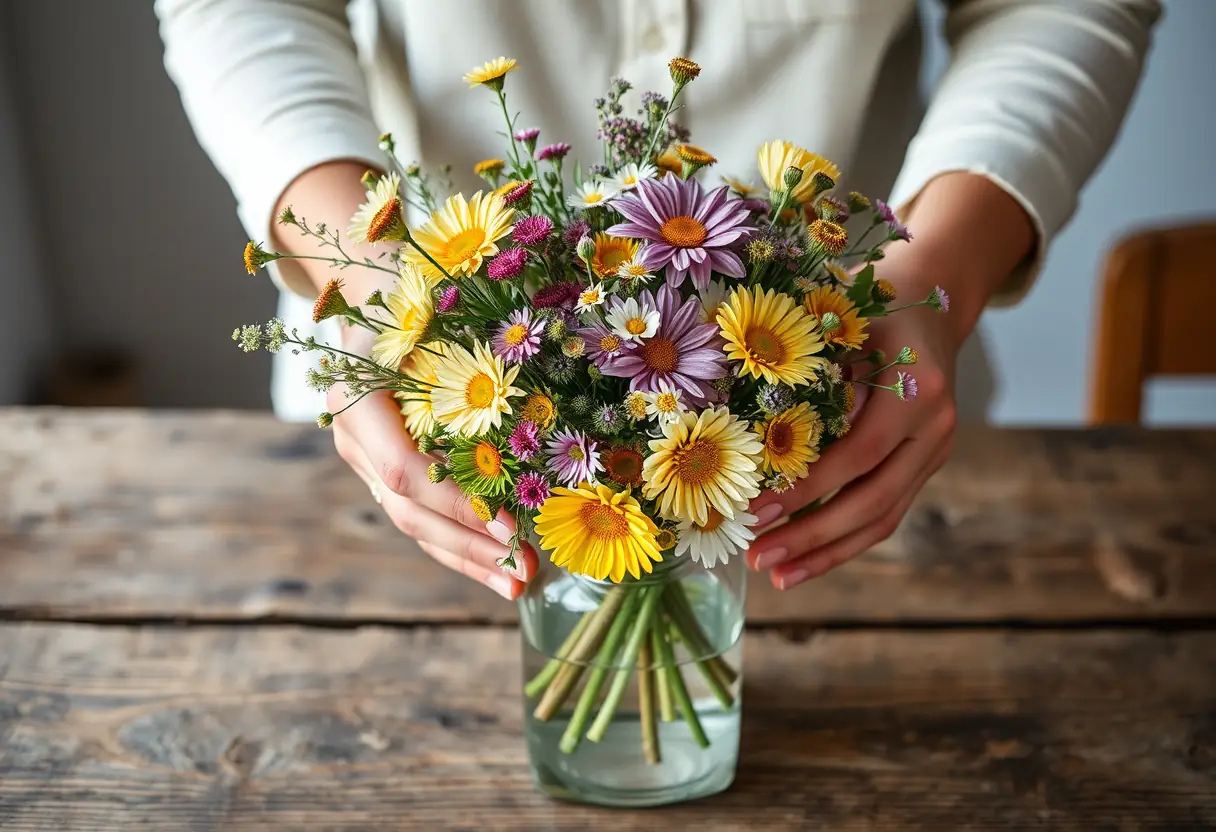 Des mains disposant un bouquet de fleurs sauvages dans un vase simple posé sur une table en bois rustique, lumière naturelle