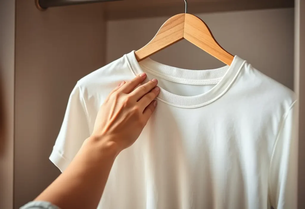 Main de femme lisant une chemise en coton, acceptation du corps
