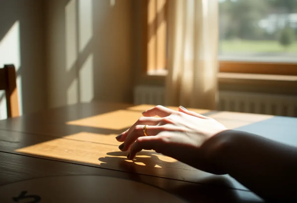 Une main posée sur une table en bois, éclairée par la lumière naturelle.
