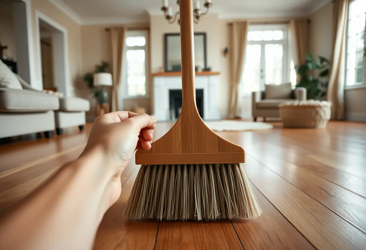 Une main tenant un pinceau en bois, en train d'essuyer un plancher en bois dur dans un grand salon, illustrant le mouvement et le soin de soi
