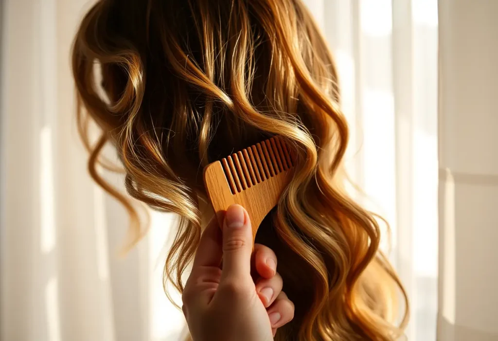 Une main tient un peigne en bois tandis que des mèches de cheveux ondulent, éclairées par la lumière du jour