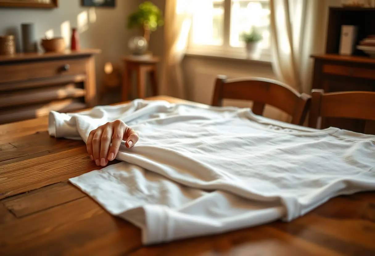 Une main lisse un tee-shirt en coton dans une maison accueillante, symbolisant l'acceptation de soi