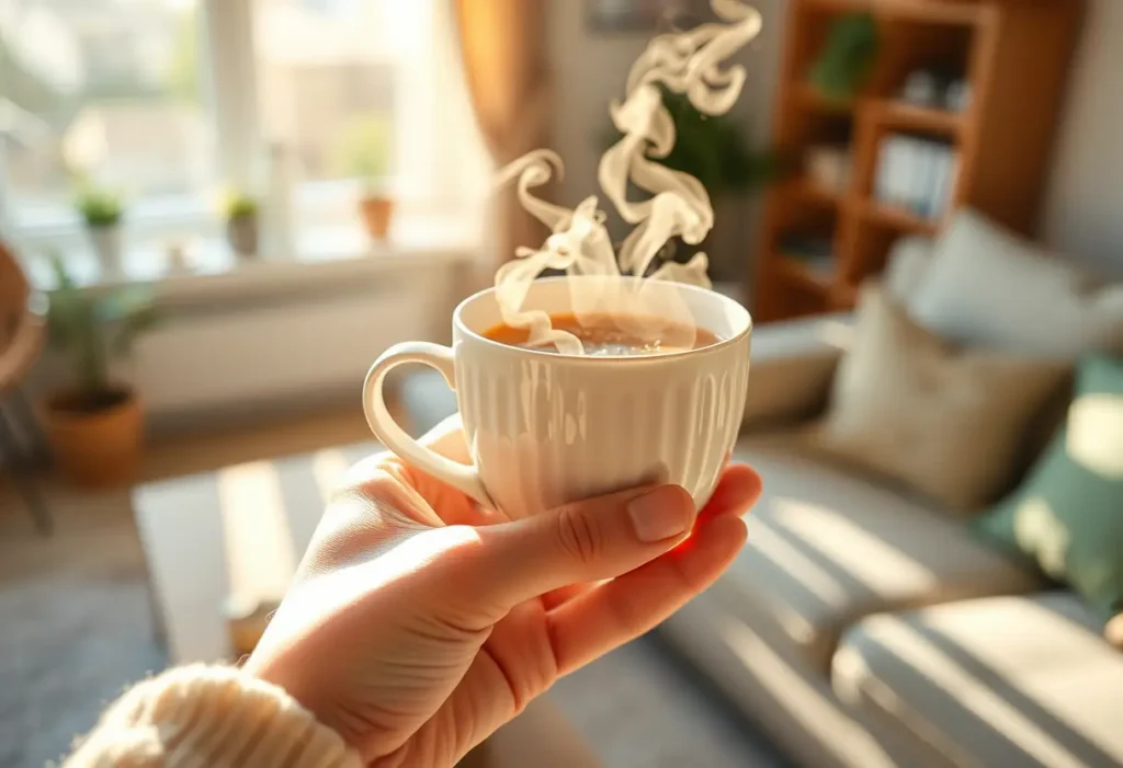 Une main tenant une tasse de thé chaud, dans une pièce accueillante