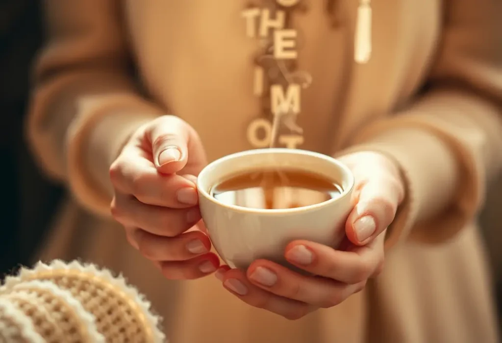 Une main féminine tenant une tasse de thé herbeux, symbolisant le bien-être intime