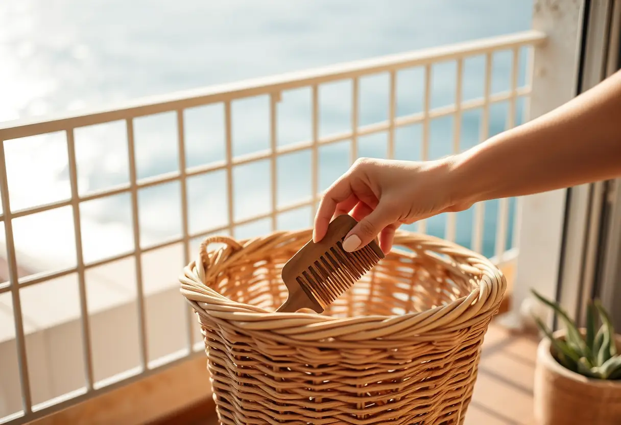 Une main posant délicatement un peigne en bois dans un panier tressé sur un balcon méditerranéen.