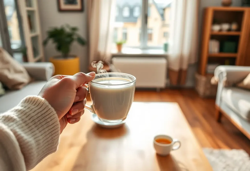 Une main tenant une tasse de thé chaud dans un salon accueillant