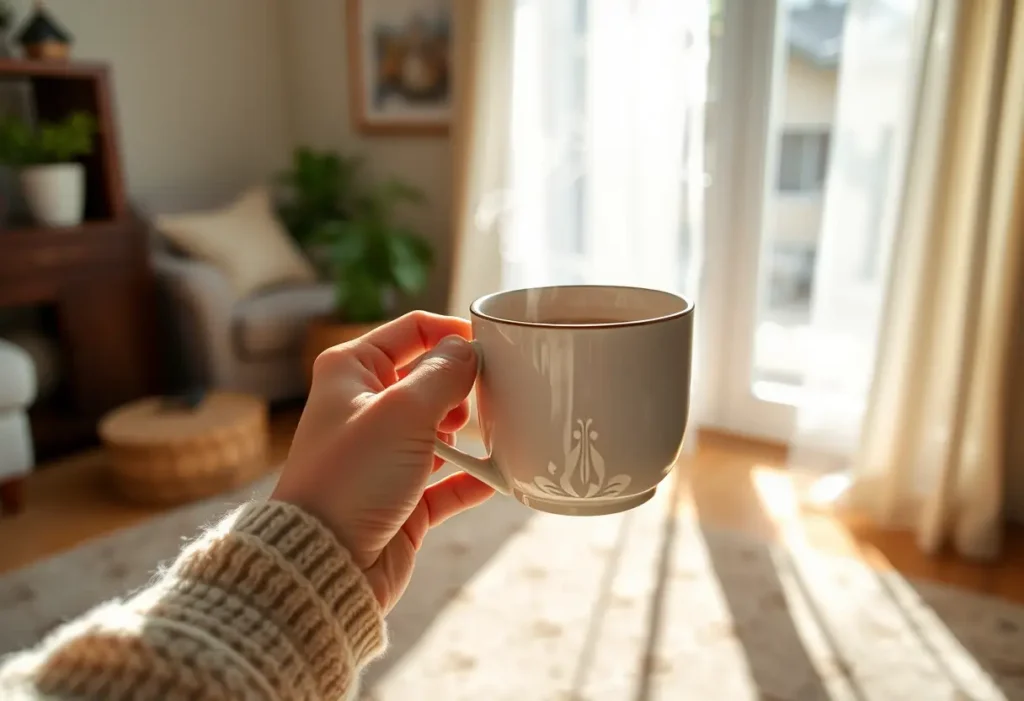 Une main tenant une tasse de thé chaud dans un salon accueillant, symbolisant le bien-être et la sérénité.