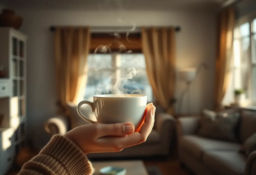 Une main féminine tient une tasse de thé chaud dans un salon accueillant, favorisant la sérénité