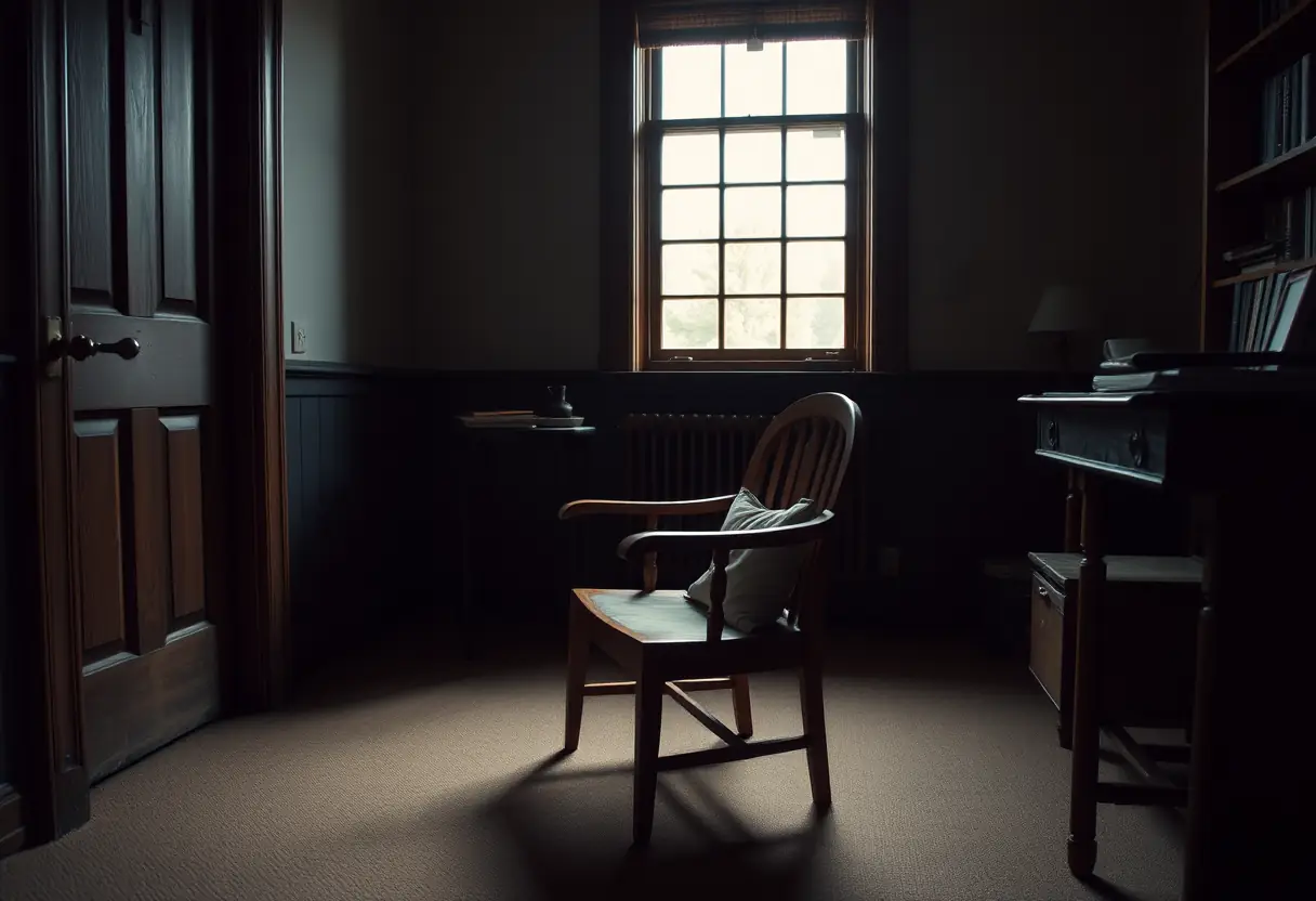 Un fauteuil en bois dans un coin d’un bureau calme, invitant à la méditation