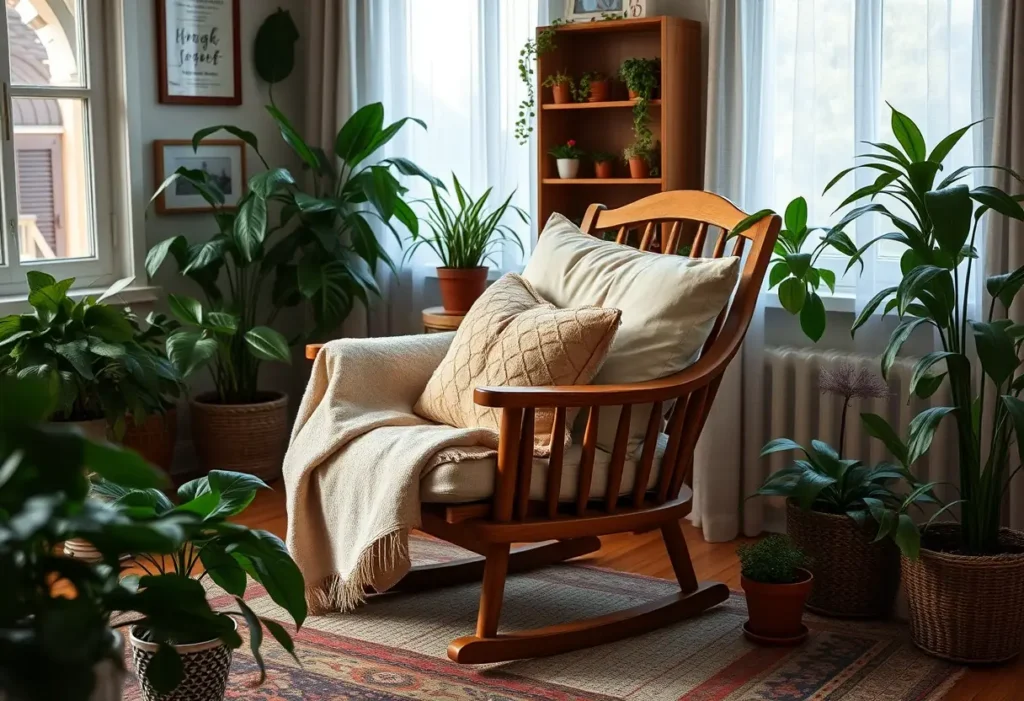 Un fauteuil en bois dans un salon accueillant, garni de coussins douillets, rappelant la réflexion sur la croissance personnelle.