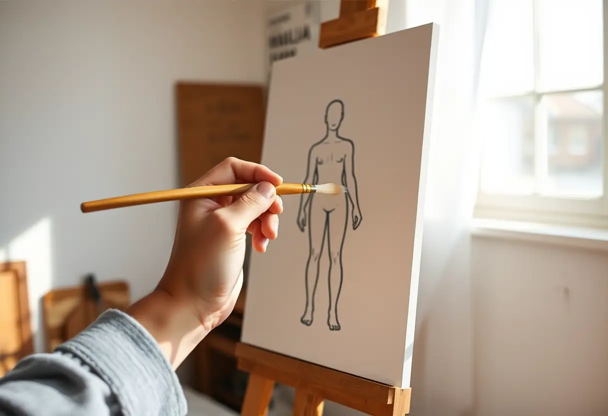Une main tenant un pinceau peint un tatouage réaliste sur toile