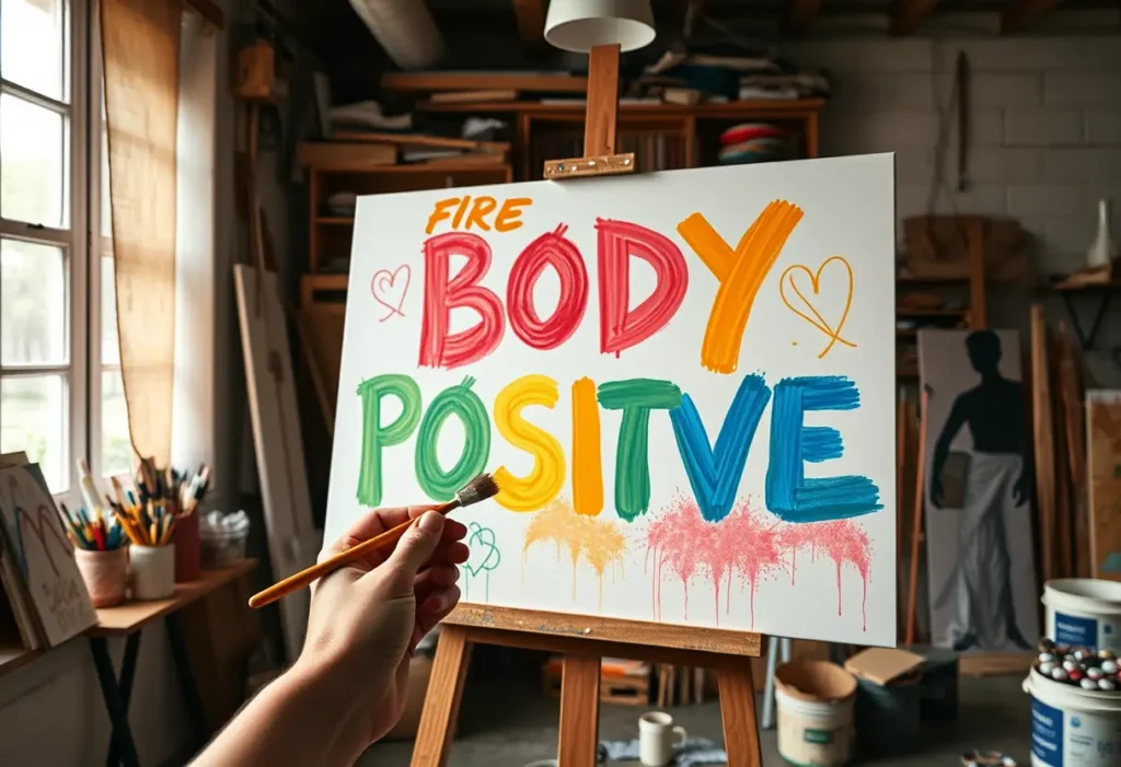 Une main peint un message positif sur le corps sur un grand tableau dans un atelier
