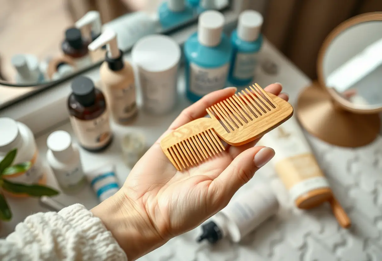Une main tenant un peigne en bois posé sur une coiffeuse chargée de produits de soin, illustrant l'attention portée au corps