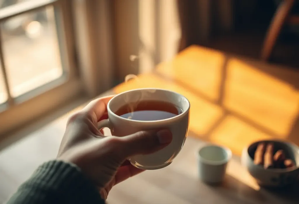 Une main tenant une tasse de thé aromatique, éclairée par la lumière du soleil, symbolisant le soin de soi.