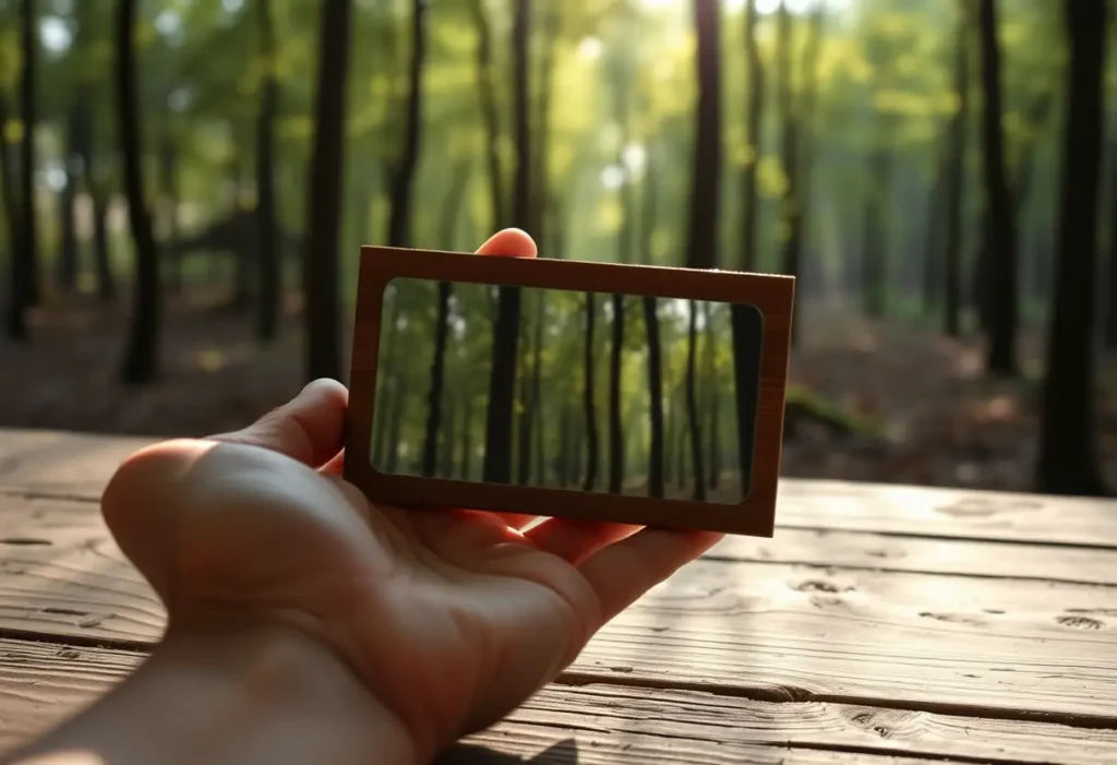 Une main tenant un petit miroir en bois reflétant une forêt sereine.
