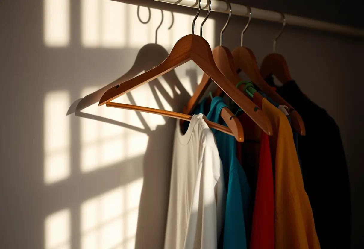 Un cintreuse en bois dans un placard avec divers vêtements colorés, la lumière extérieure crée des ombres sur le mur, lien vers l'article sur le body positive
