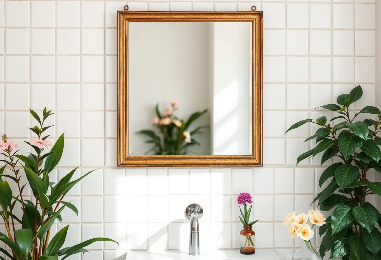 Un miroir encadré dans une salle de bains verte avec des plantes et des fleurs