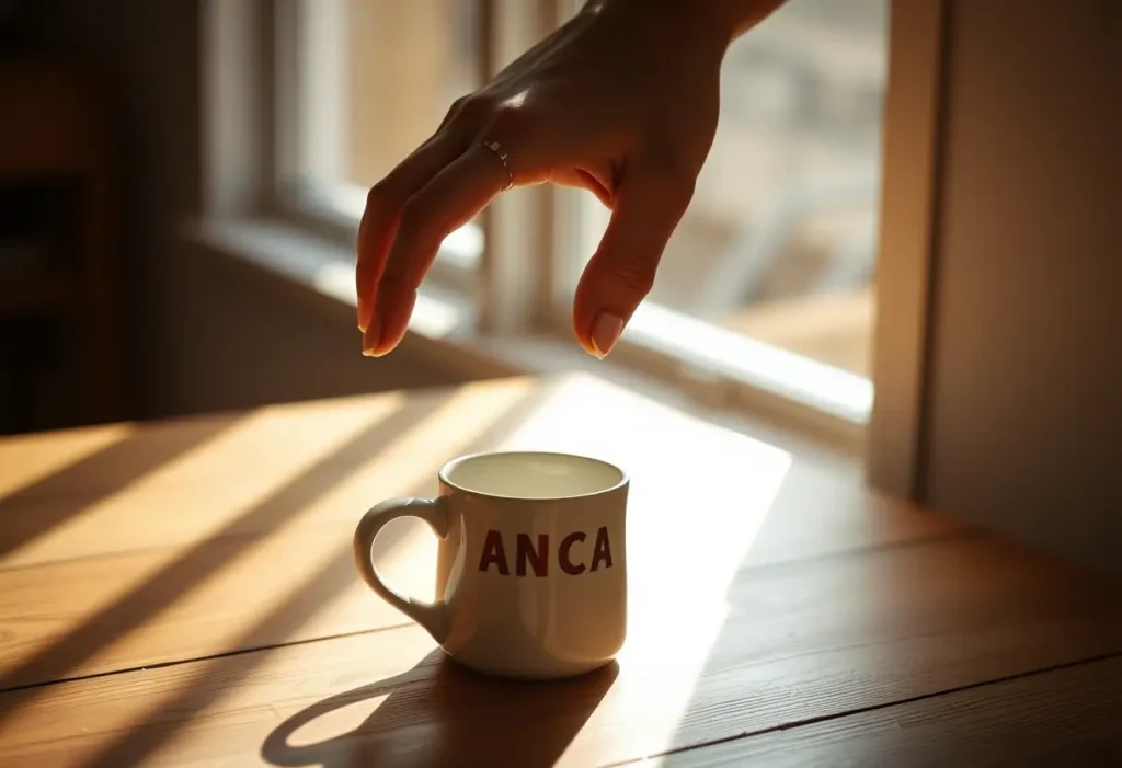 Une main féminine pose délicatement une tasse en porcelaine sur une table en bois, éclairée par la lumière du jour