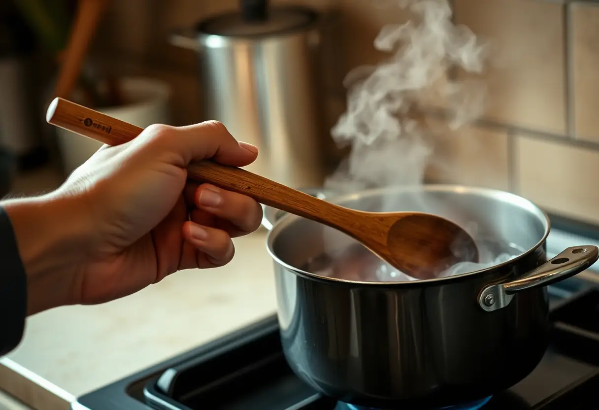 Une main tenant une cuillère en bois au-dessus d'une marmite qui mijote, illustrant le pouvoir des mots sur l'image de soi
