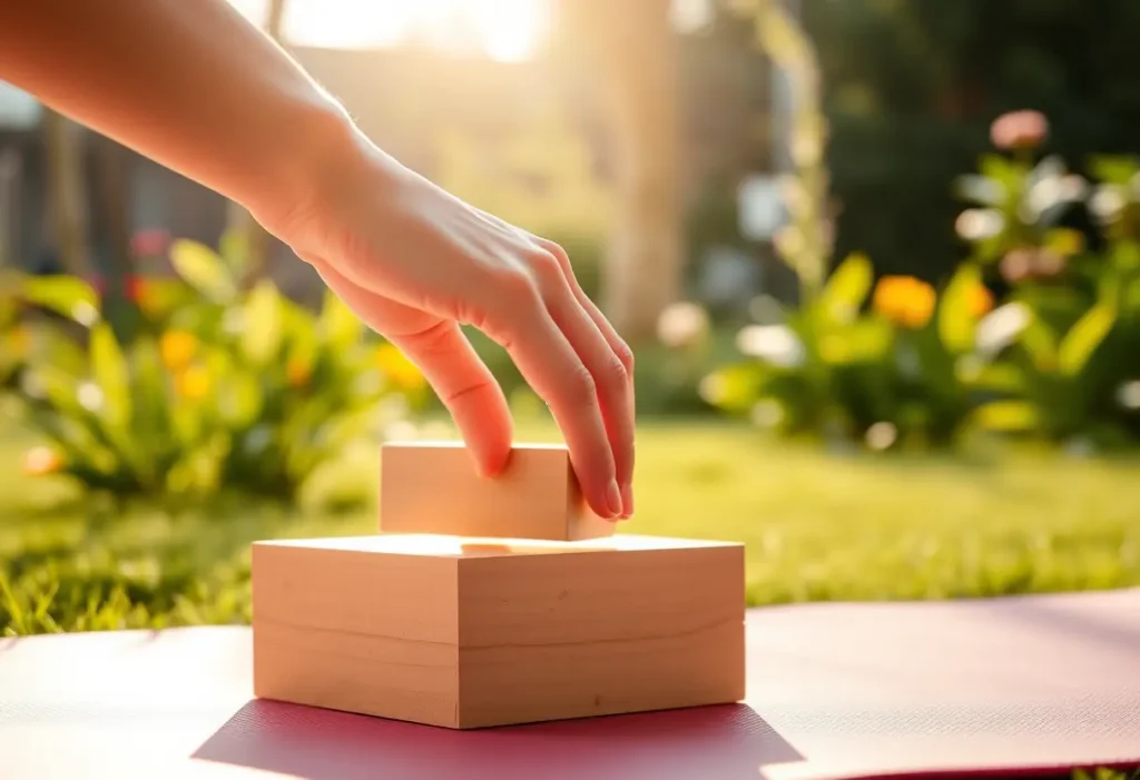 Main du praticien posant un bloc de bois sur son tapis de yoga